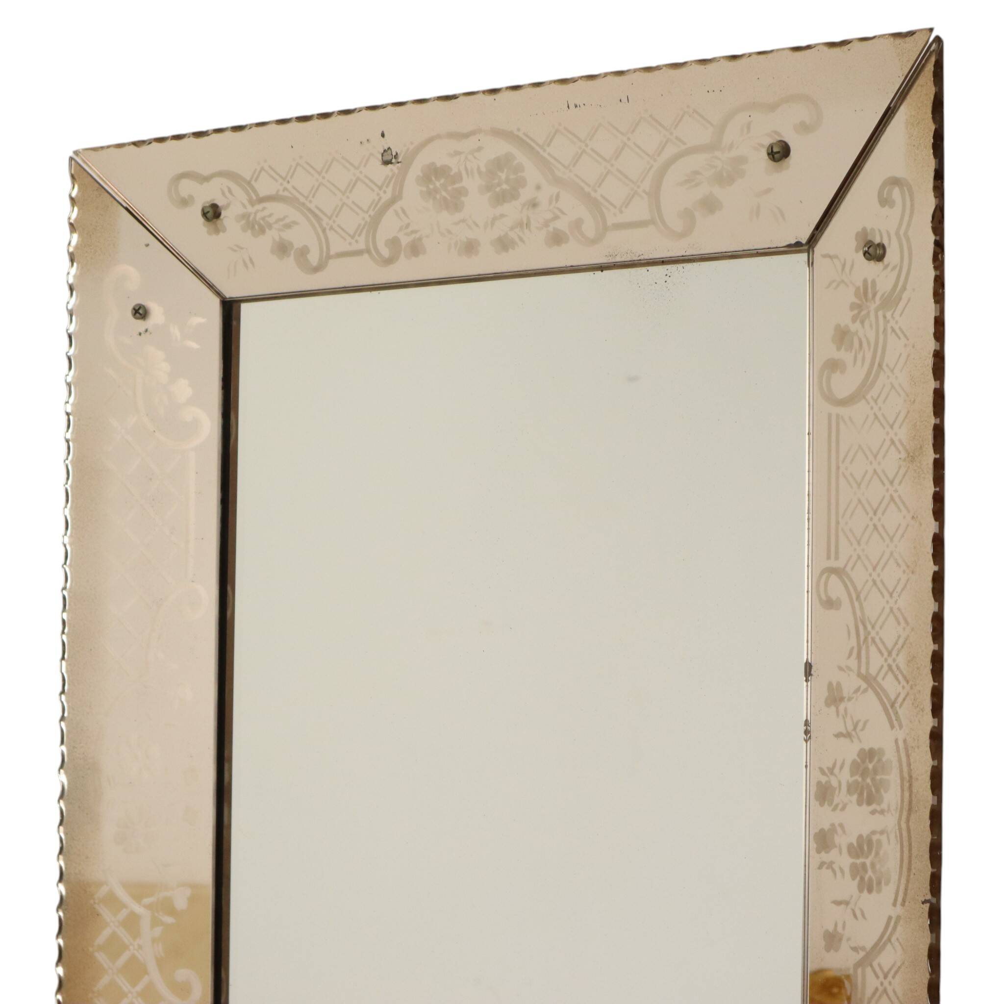 Large Venetian mirror, pink glass with engraved flowers, 77 cm