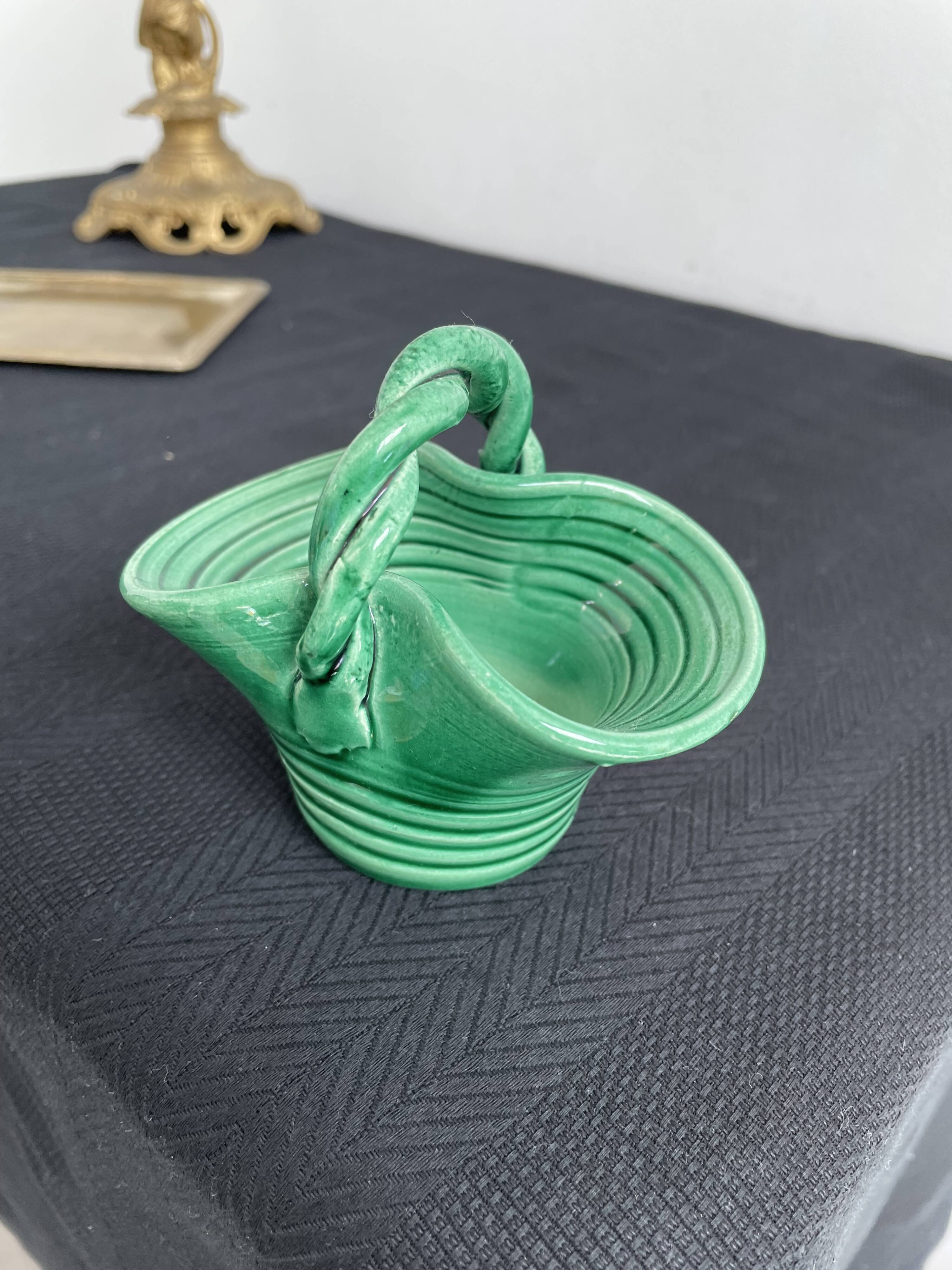 Vintage, woven basket, green, glazed earthenware, grooves, stylized, décor, French decoration, Fran