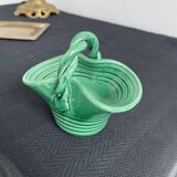 Vintage, woven basket, green, glazed earthenware, grooves, stylized, décor, French decoration, Fran