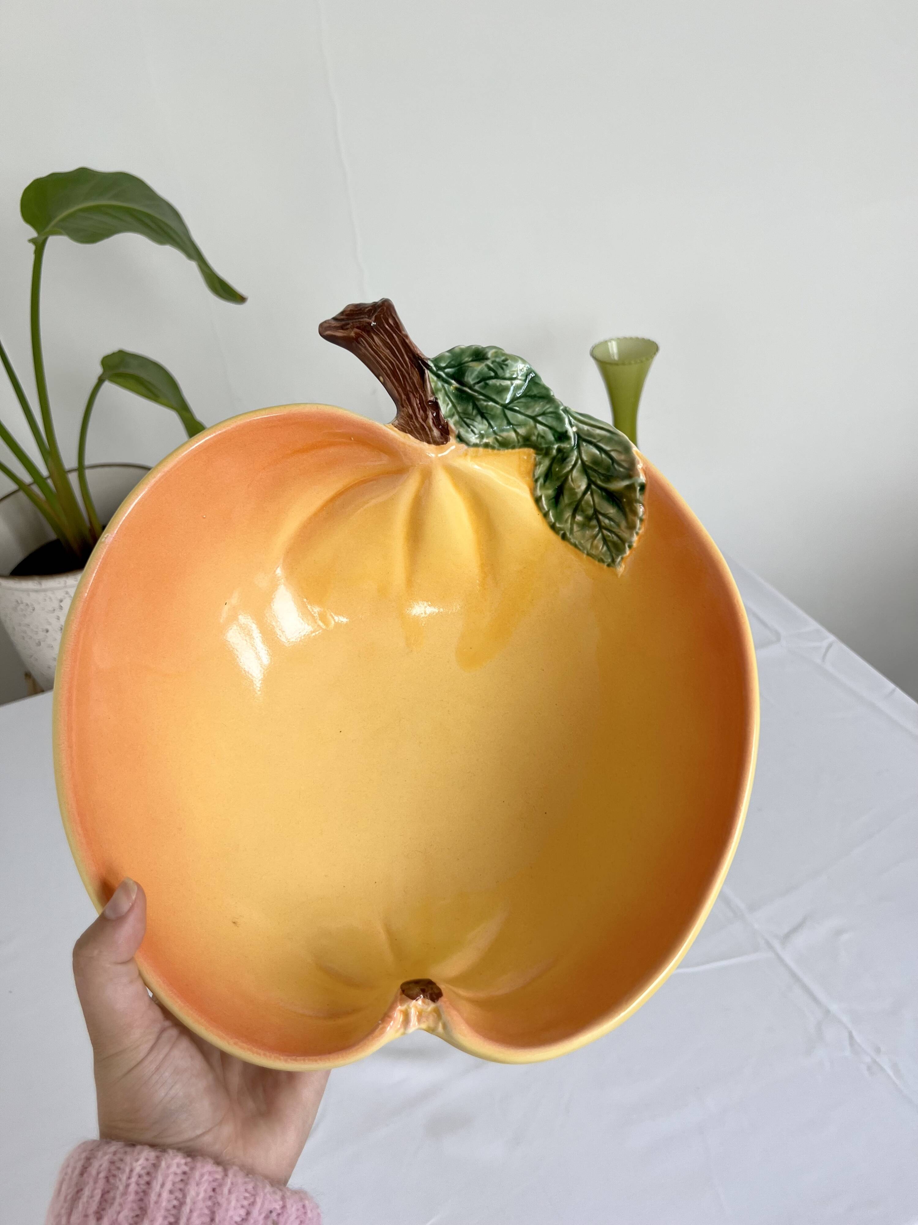 Large vintage salad bowl slip apple shape hand painted earthenware