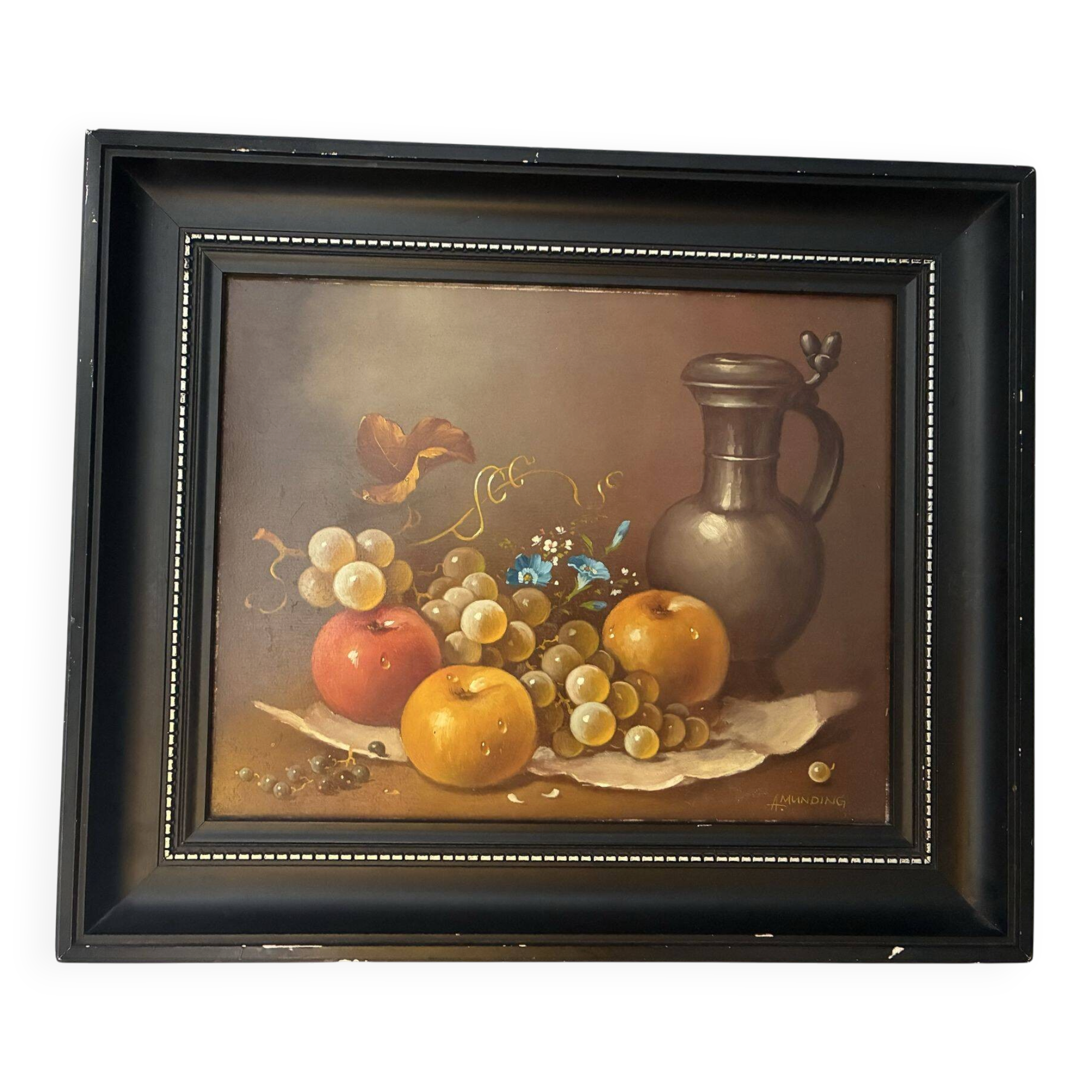 Still life oil painting on wood, signed A. Munding, black frame