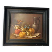 Still life oil painting on wood, signed A. Munding, black frame