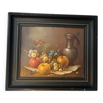 Still life oil painting on wood, signed A. Munding, black frame