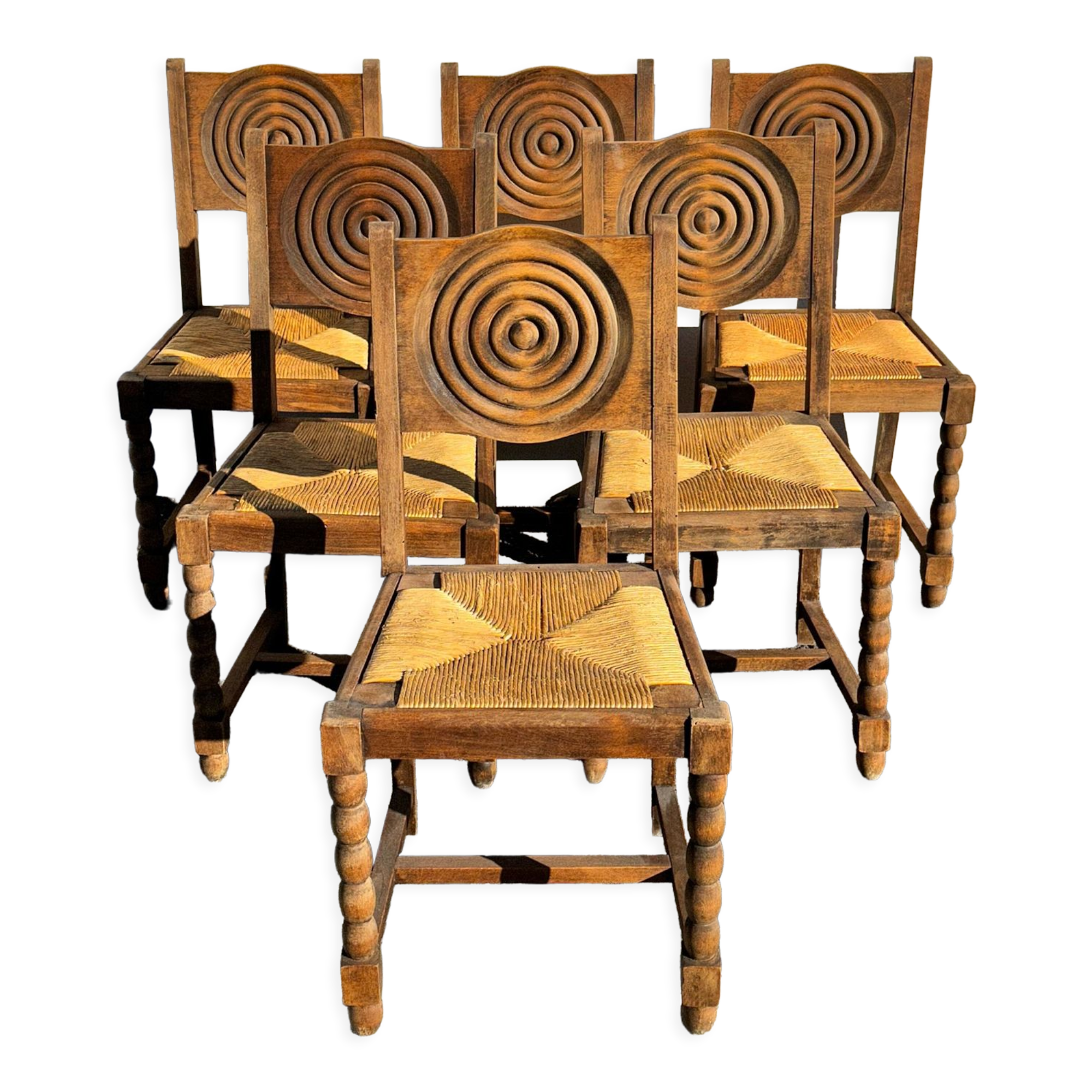 6 rustic style chairs, wood and straw, 1940