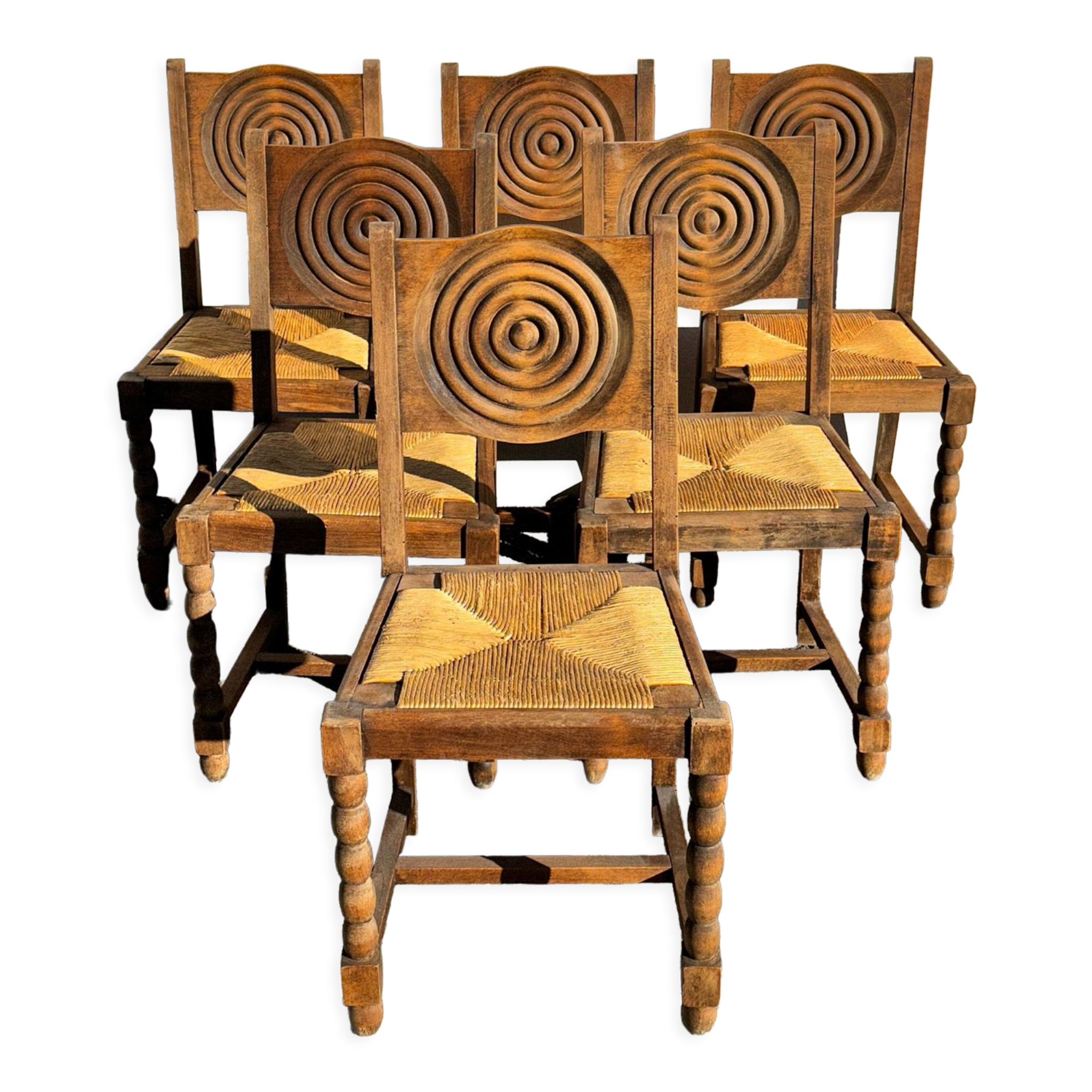 6 rustic style chairs, wood and straw, 1940