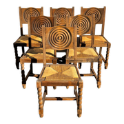 6 rustic style chairs, wood and straw, 1940