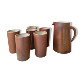 Pitcher service with 6 glasses cups in vintage handmade stoneware