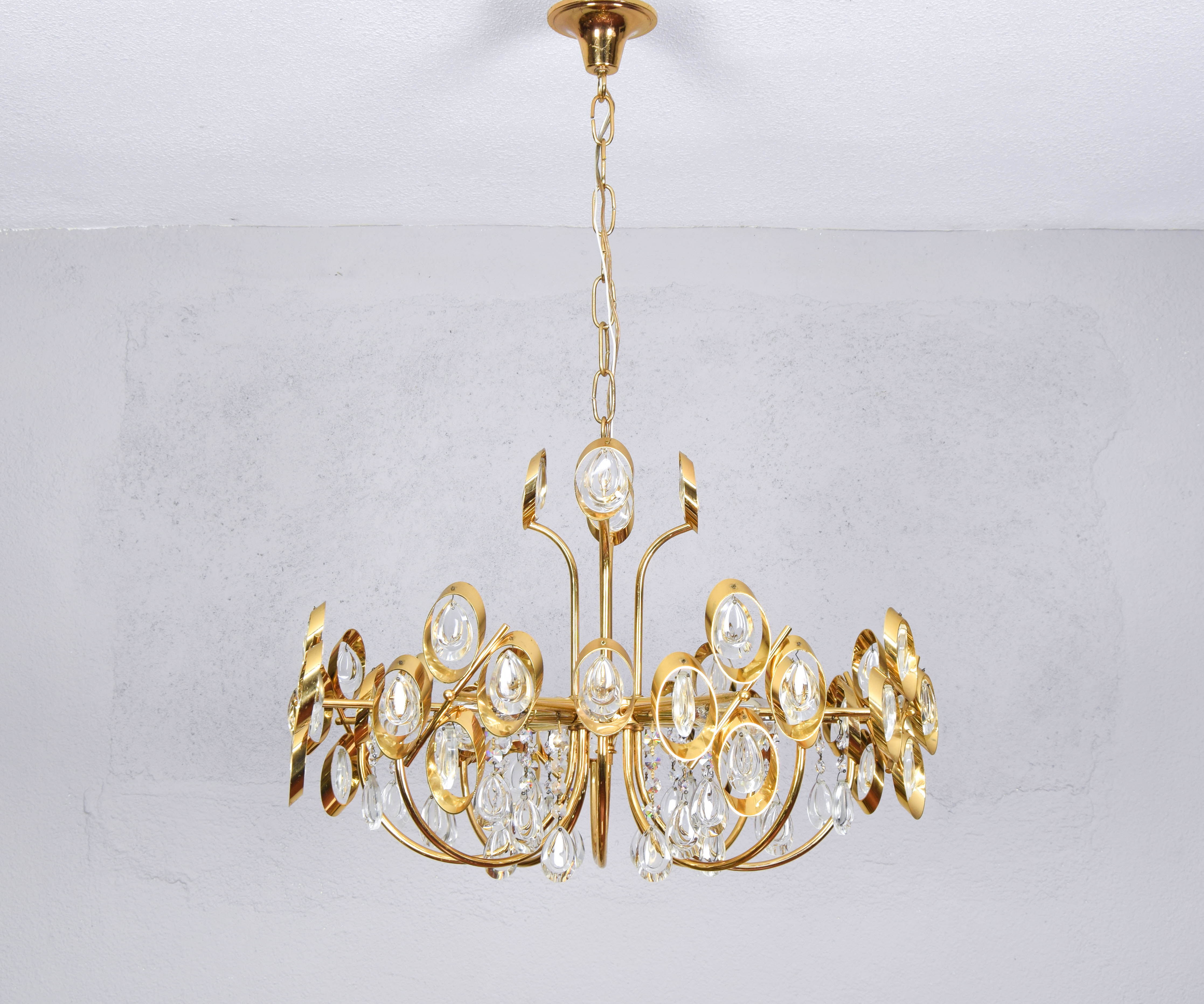 Mid century hollywood regency palwa gilt brass and crystal chandelier