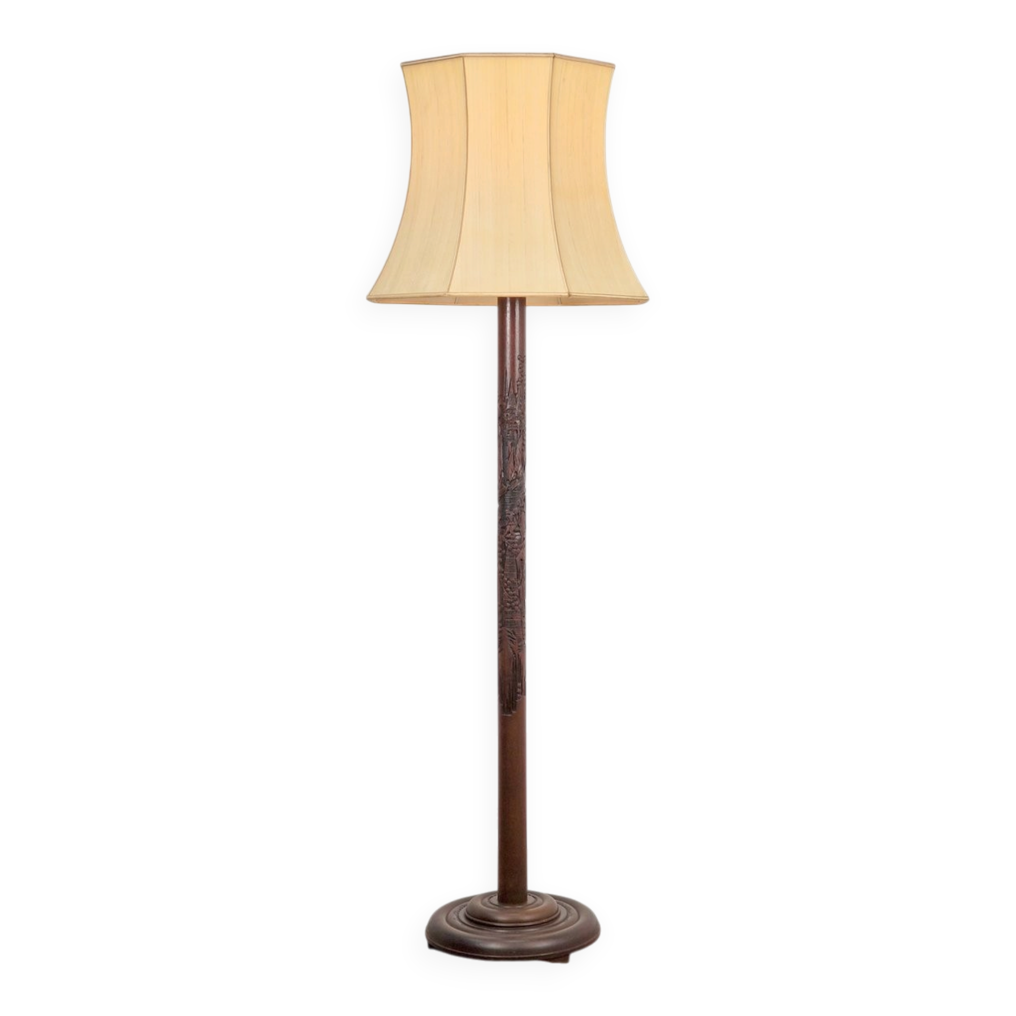 Art Deco Asian Style Carved Wood Floor Lamp, 1930s