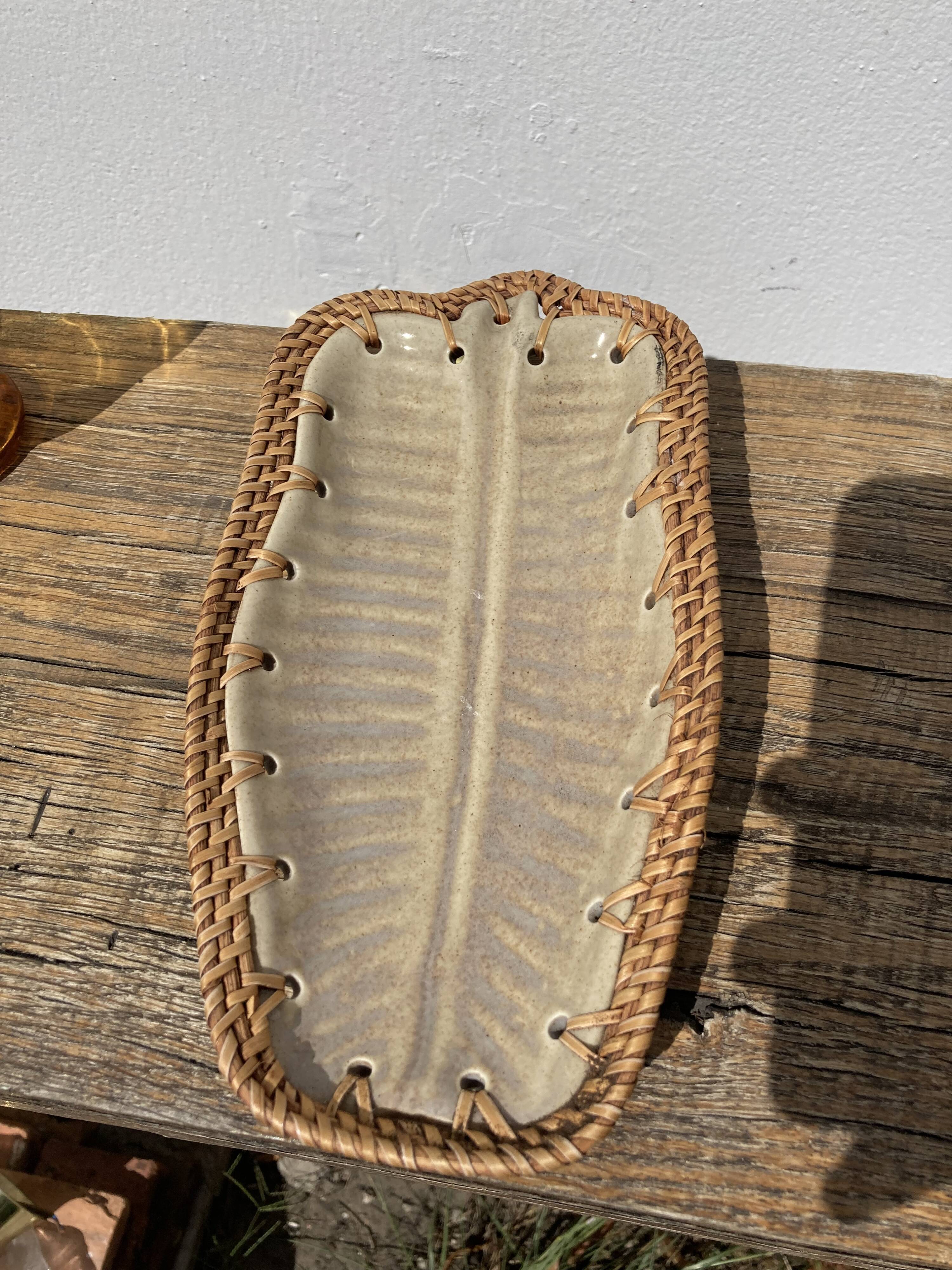 Vide poche coupelle en grès et osier tressé vintage