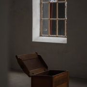 Modern Danish oak commode with decorative relief sculpture, mid-20th century.