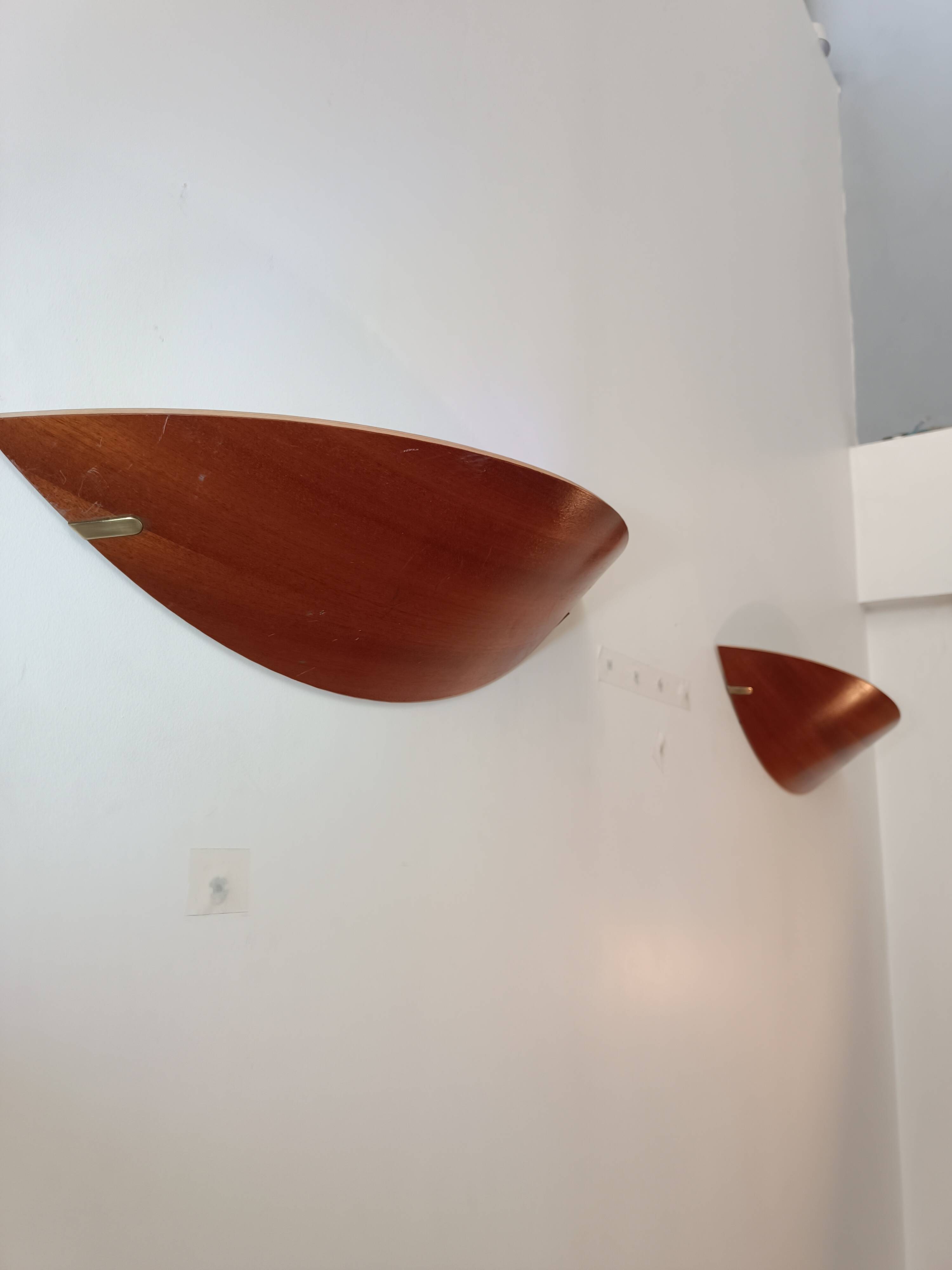 Pair of wooden and brass wall lights by Declic 1980