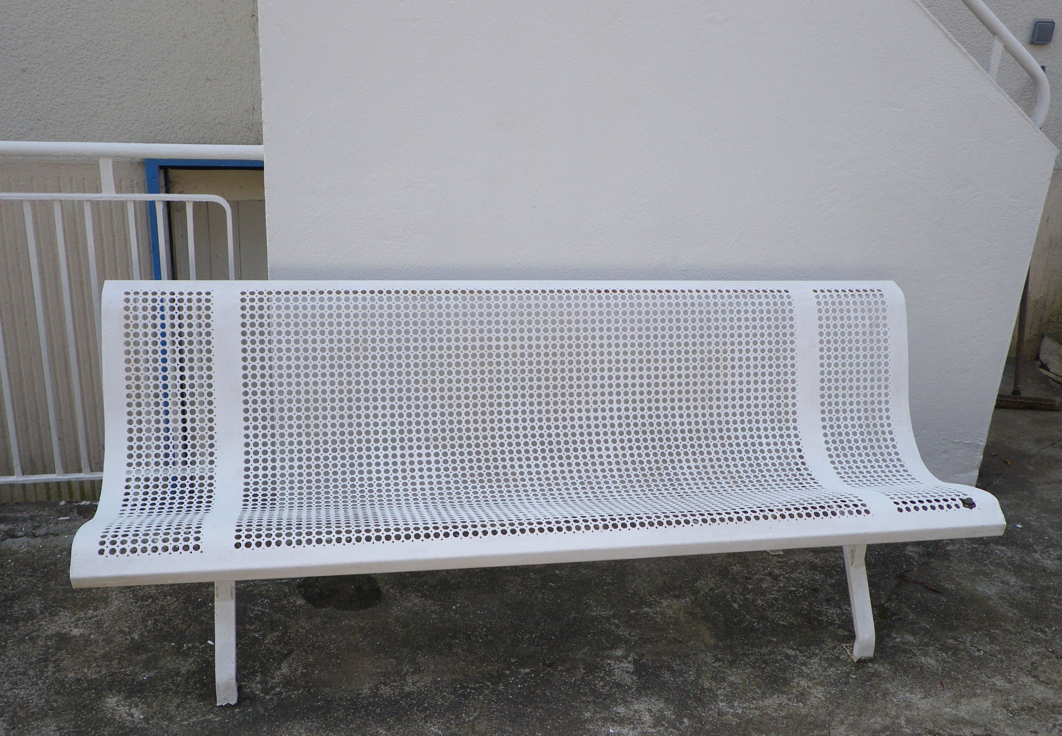 Old public wrought iron bench painted white - 50s