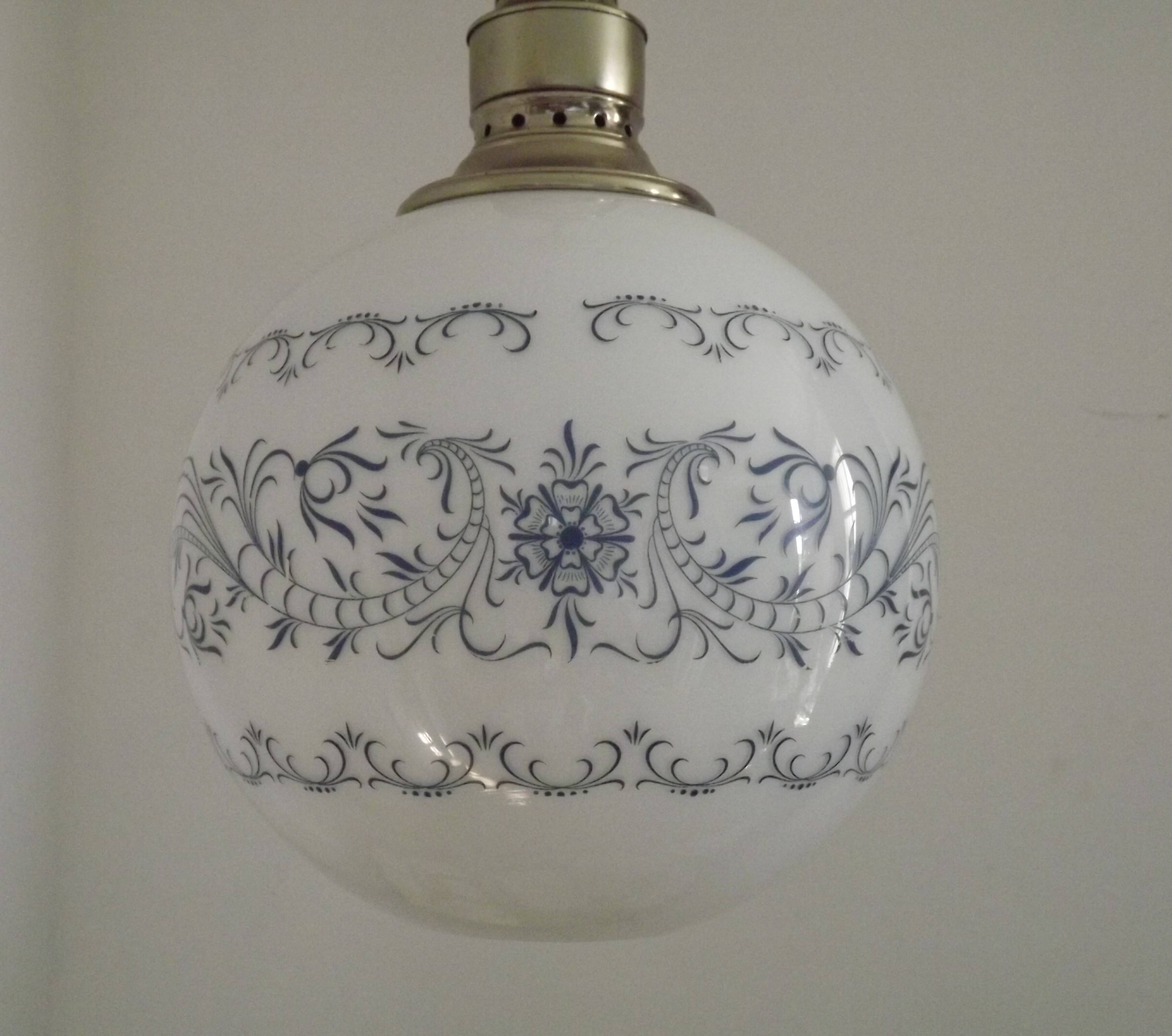 French Mid-Century Globe Pendant, Blue Pattern Shade, Vintage Hanging Light