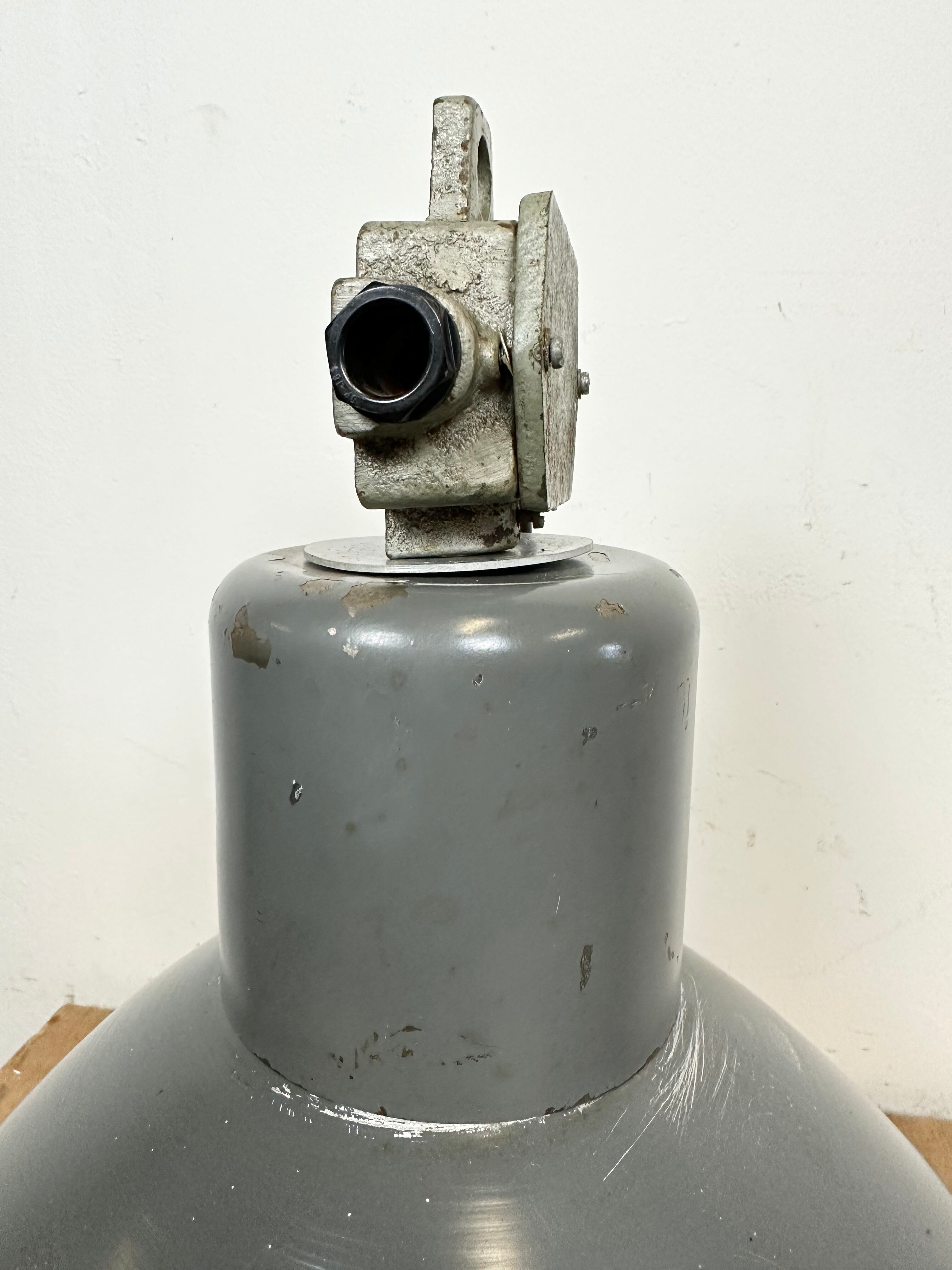 Grey industrial aluminium pendant lamp from polam wilkasy, 1960s