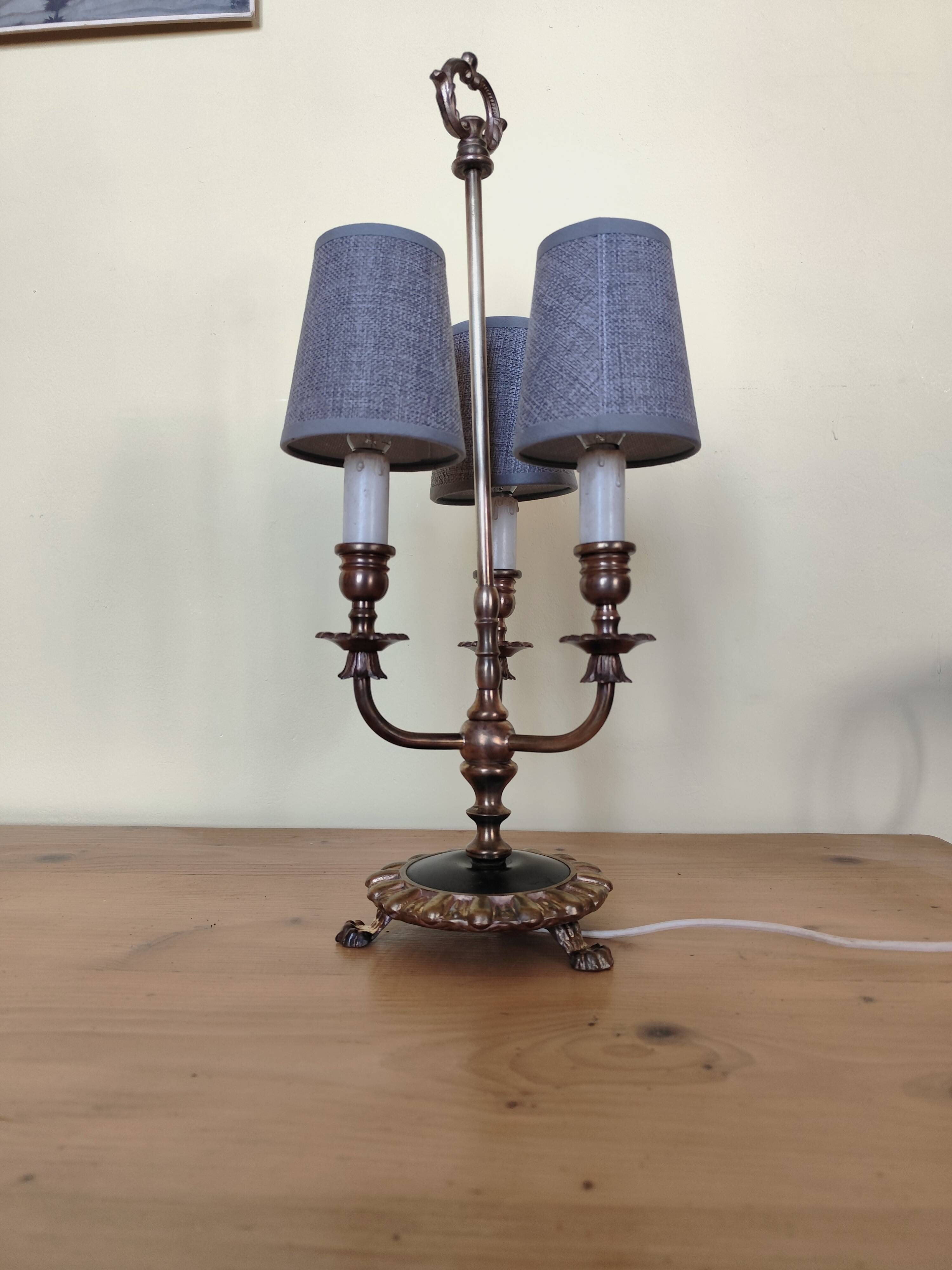 three-light candelabra lamp in metal and gilded brass, bouillotte lamp