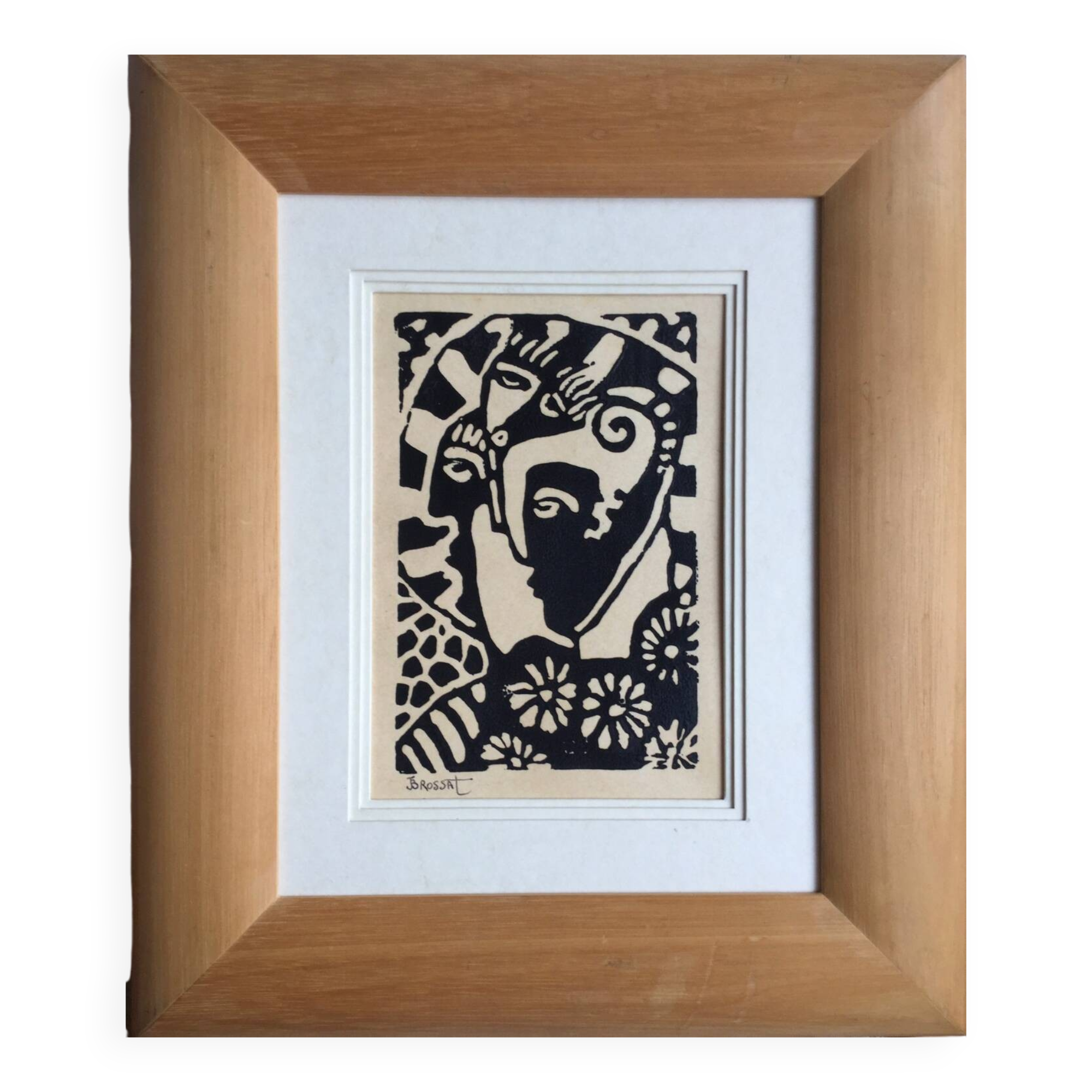 Jean-henri brossat (1946). the 3 faces. linocut.