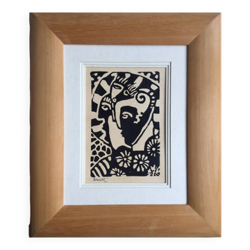 Jean-henri brossat (1946). the 3 faces. linocut.