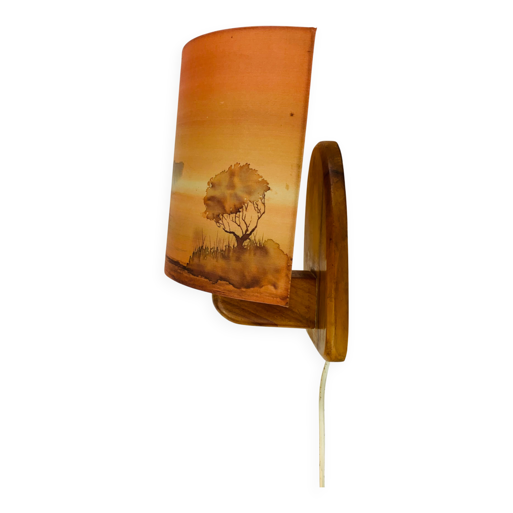 Wooden wall lamp and silk lampshade, vintage, 1960s.