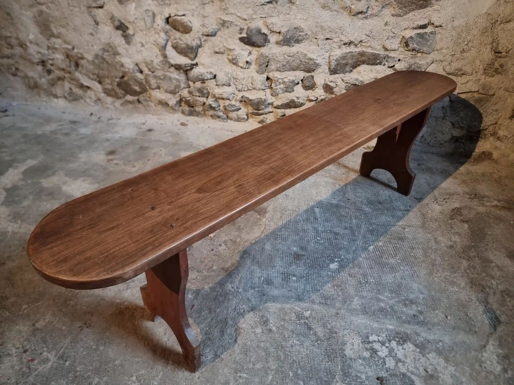 French cherry wood bench, 1930s, narrow wooden bench.