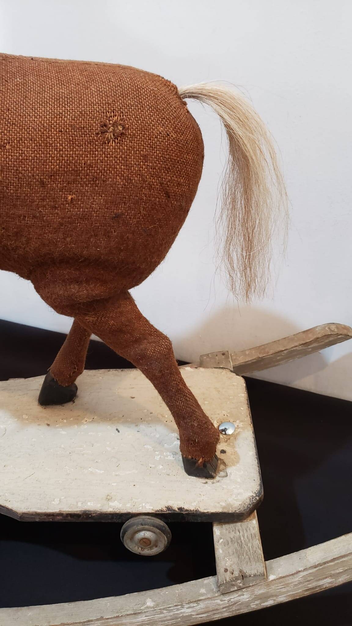 Rocking horse made of wood, fabric and natural horsehair, 1940-1950