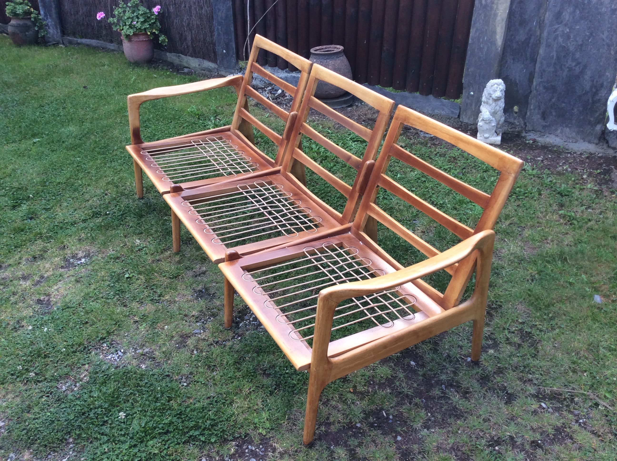 Vintage Scandinavian bench and armchairs of 4 pieces, 1 bench and 3 armchairs.