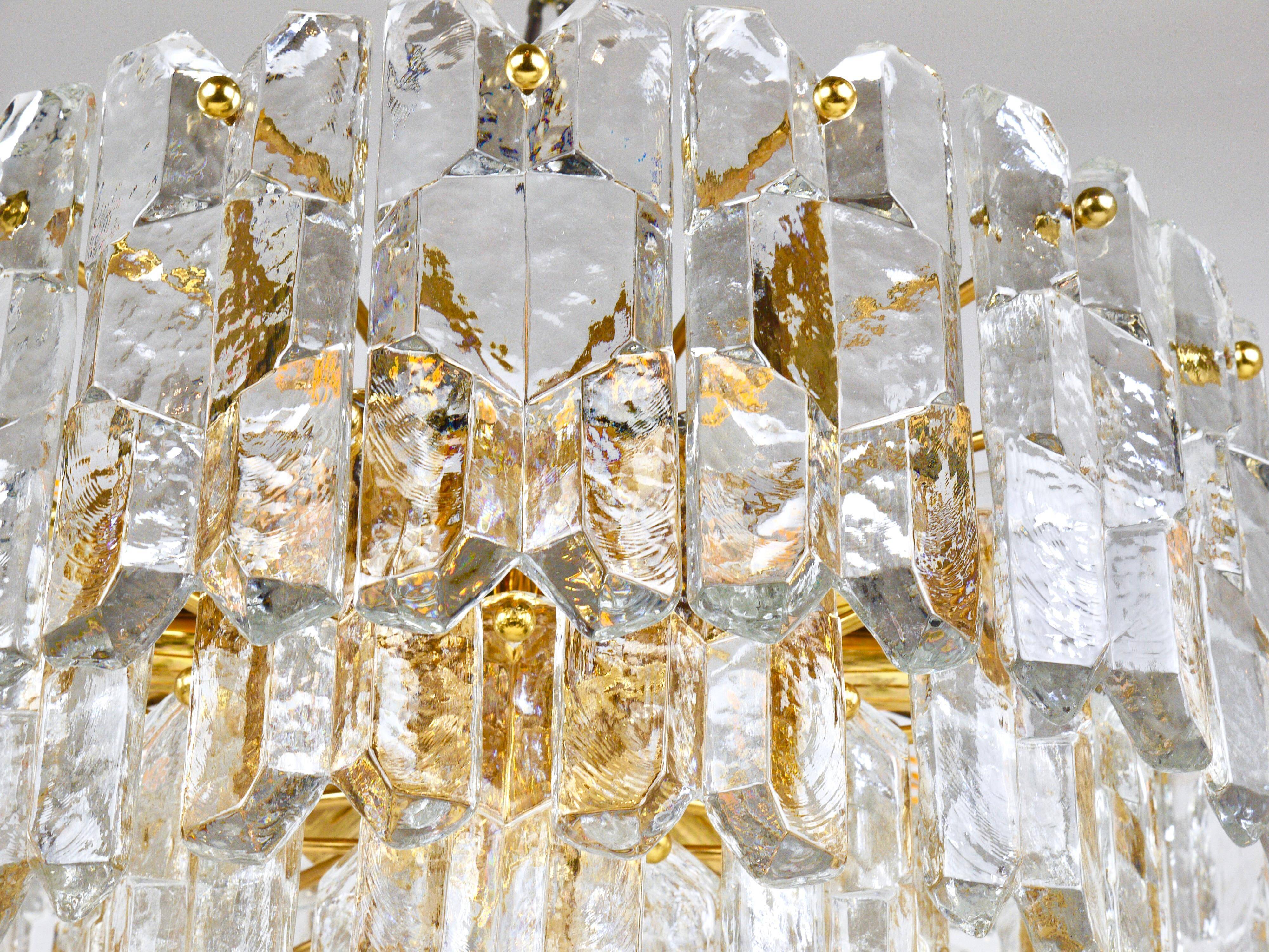 Large ceiling chandelier in gilded brass and glass Palazzo J.T. Kalmar, 1950s