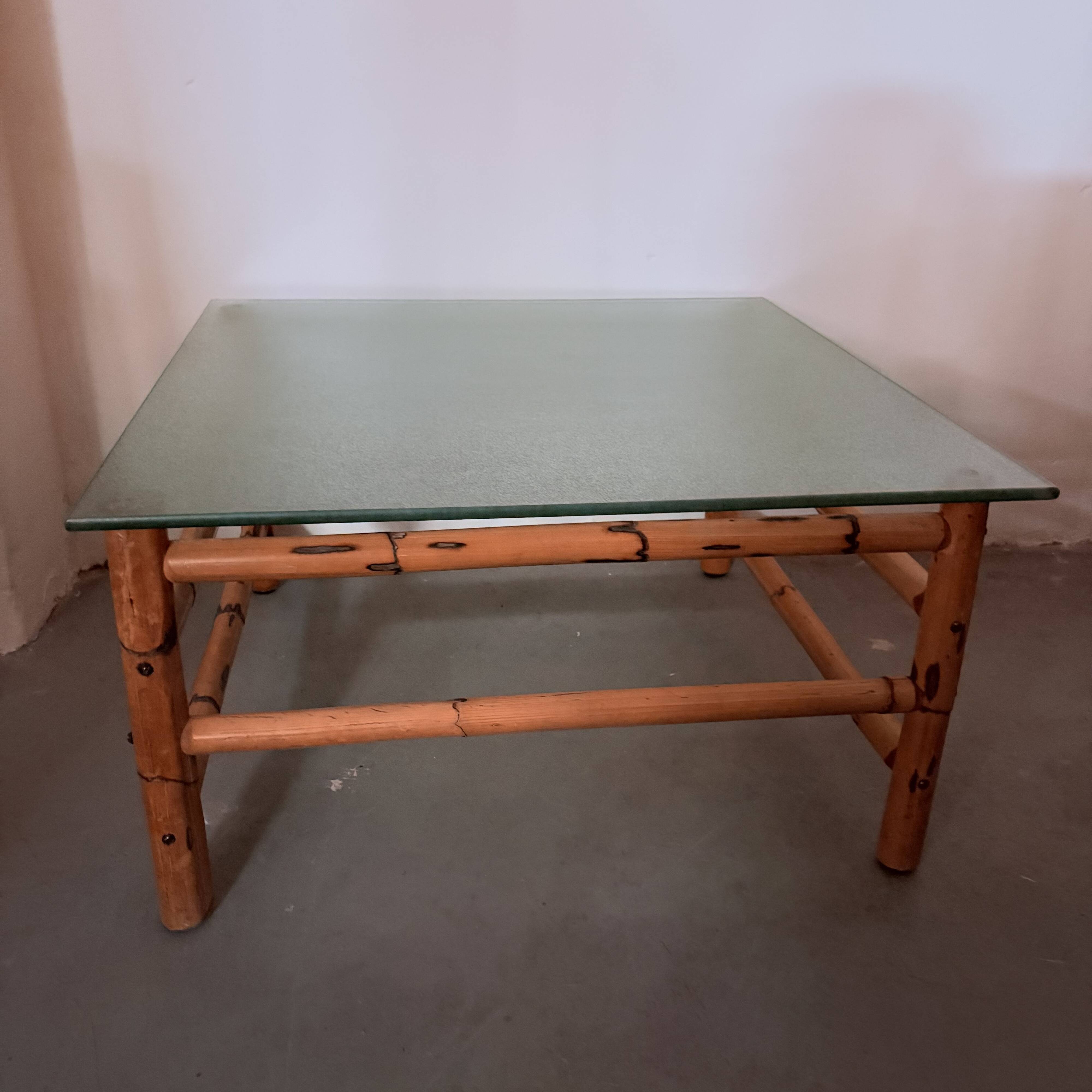 Vintage bamboo coffee table with glass top, 1970s, Brazil
