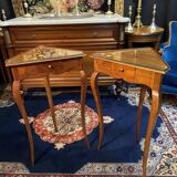 Pair of side tables, corner tables, solid blond walnut, Loui