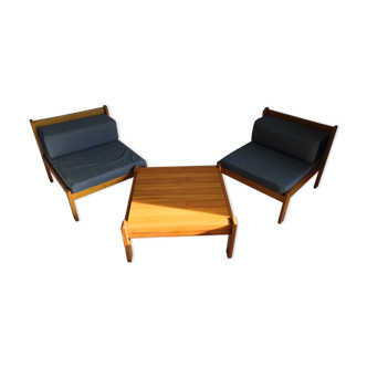 Living set 2 armchairs and coffee table vintage pine 80s