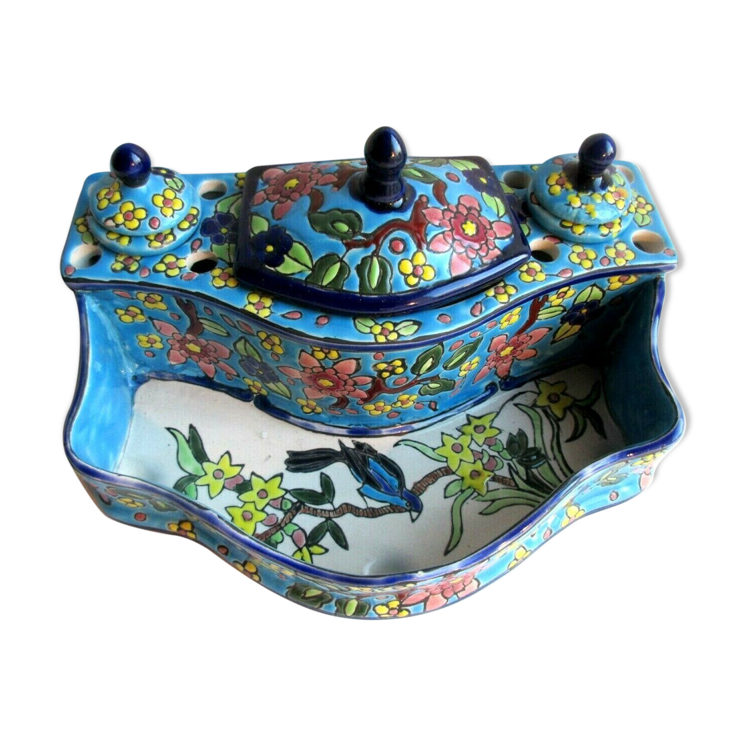 Double ink in enamels like Longwy  blue ceramic: Peonies and Bird