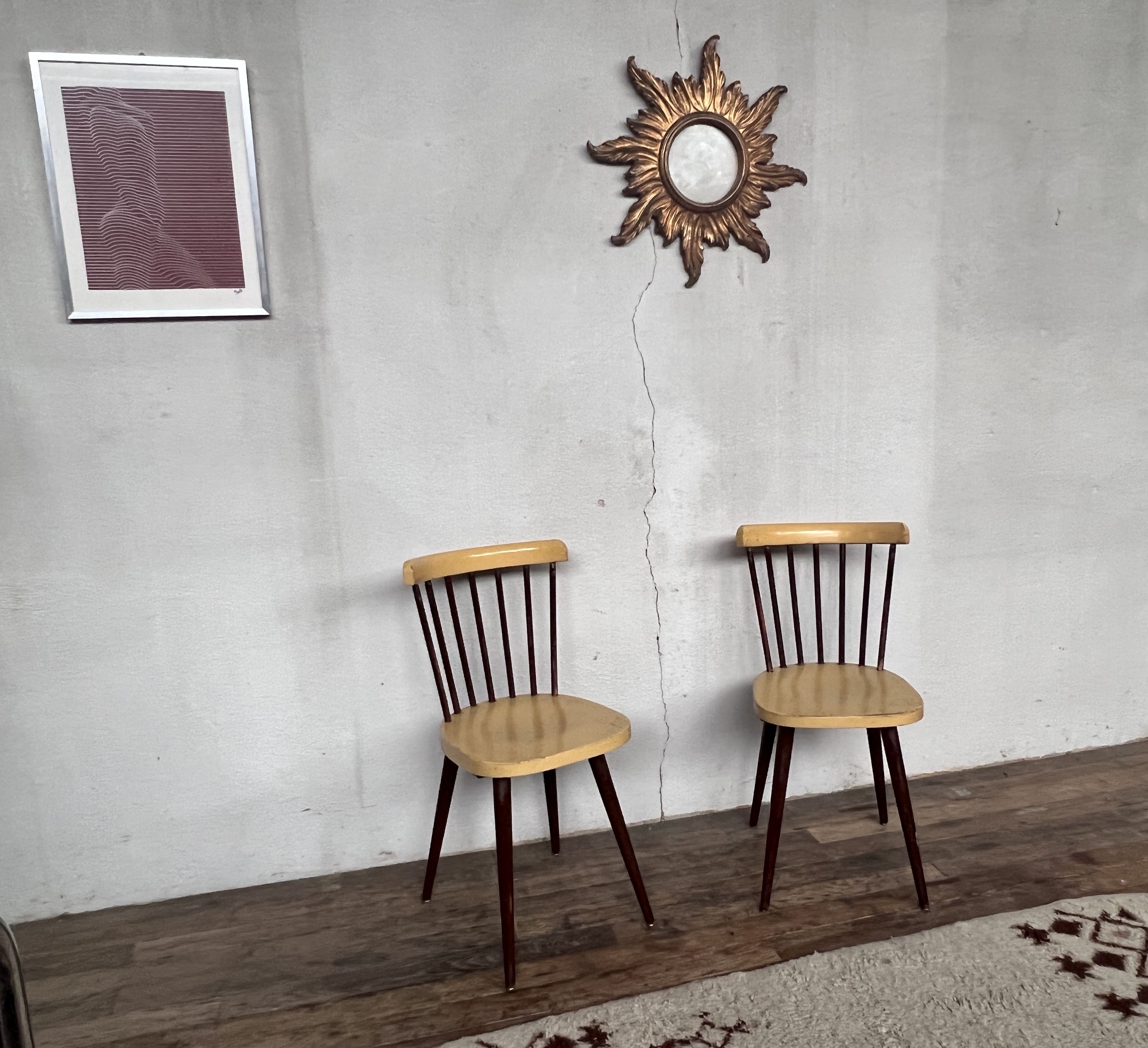 Pair of Baumann bistrot troquet chairs in yellow and brown wood