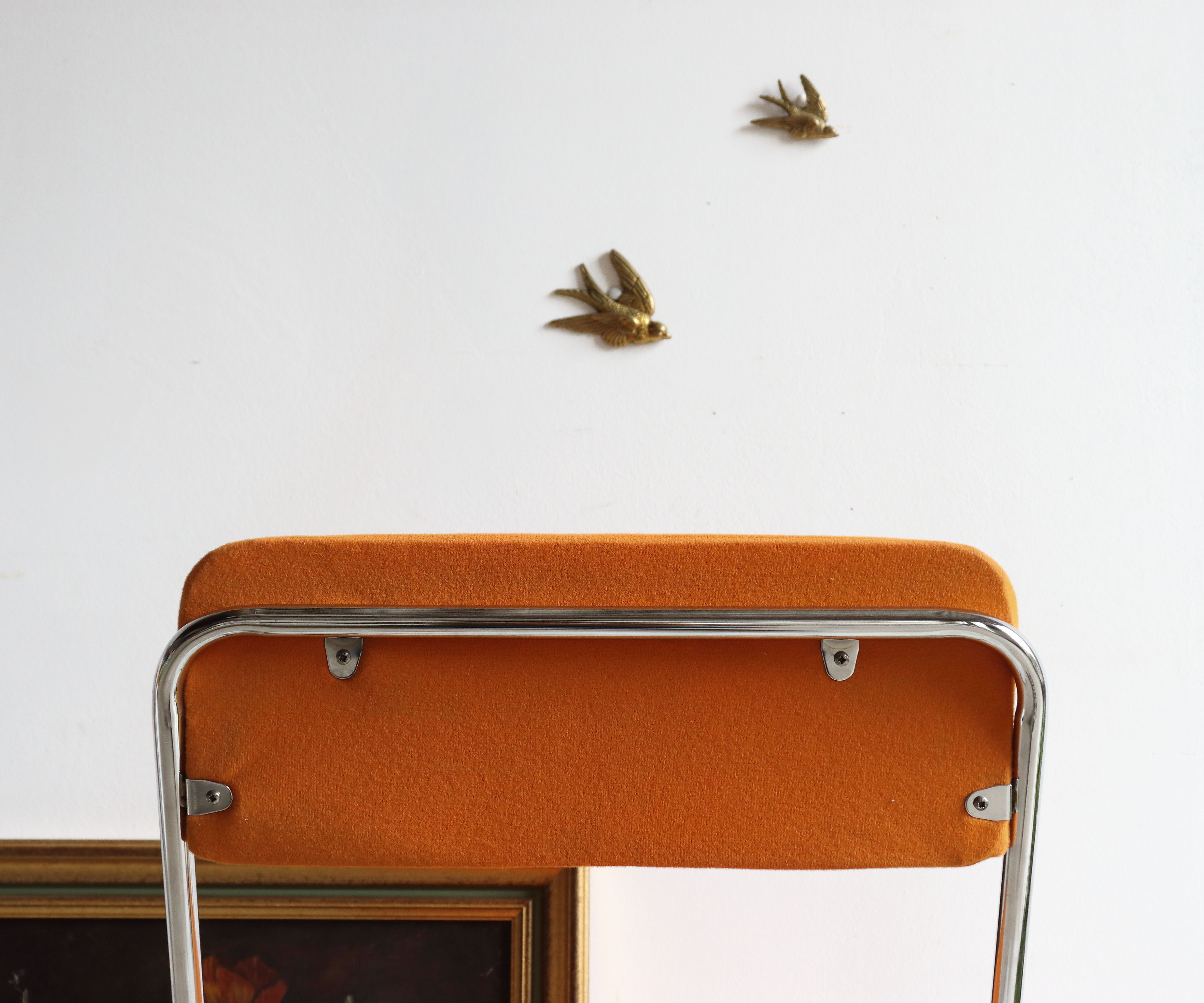 Folding chair in chrome metal and orange fabric 1970
