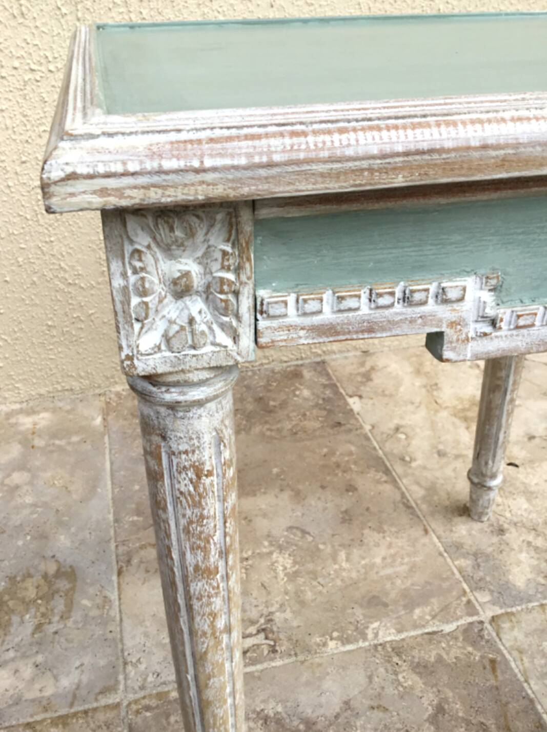 Louis XV style carved and patinated wooden side table. One drawer in the belt.