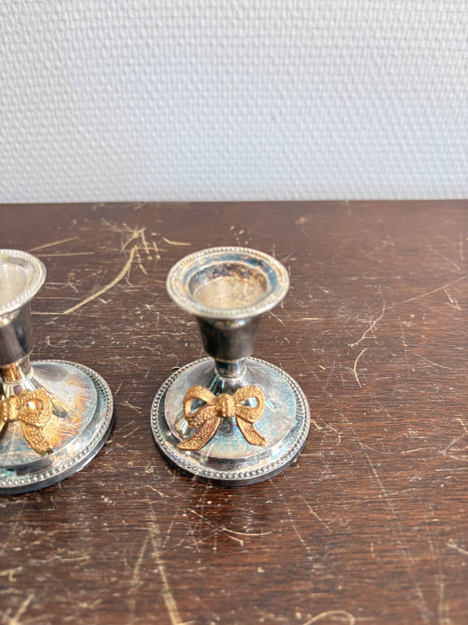 Antique Pair of Silver-Plated Metal Candle Holders with Golden Bow Louis XVI