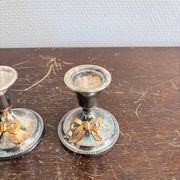 Antique Pair of Silver-Plated Metal Candle Holders with Golden Bow Louis XVI