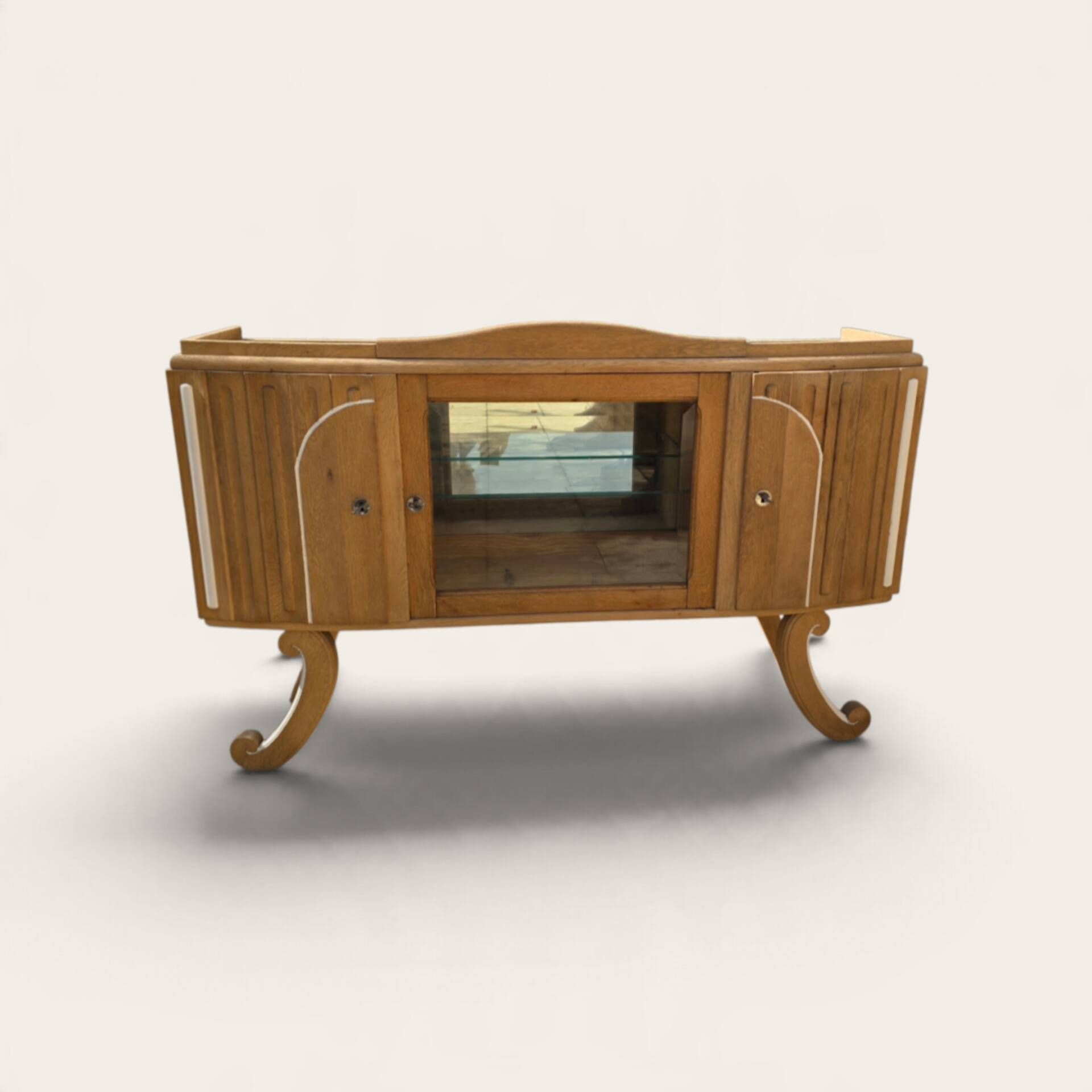 Art Deco buffet with showcase and solid raw wood mirror