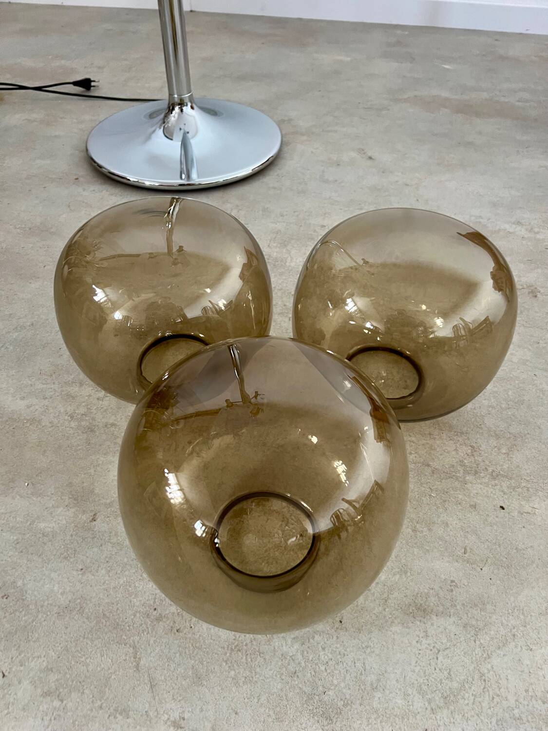 Old 3-light chrome and smoked glass floor lamp Italian design from the 70s vintage