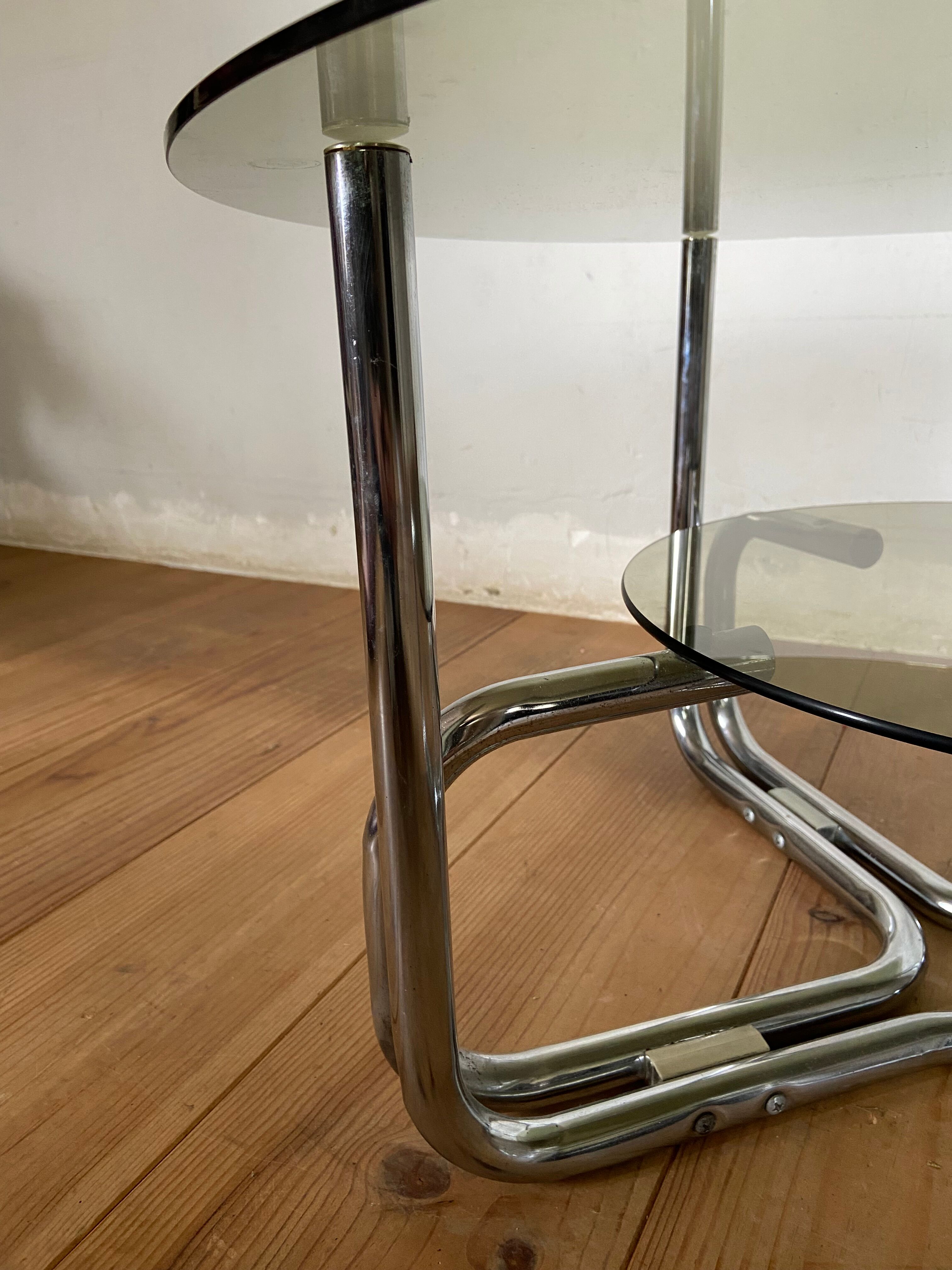 Coffee table chrome and smoked glass round 70s space age