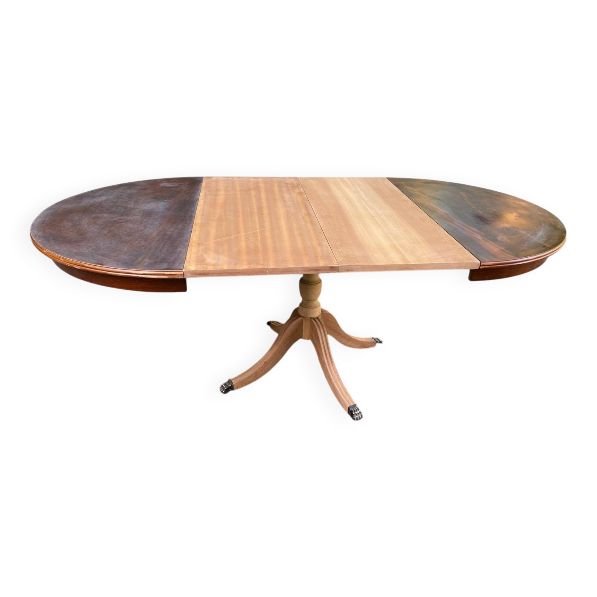 Extendable round dining table with central leg, renovated in raw wood, 20th century
