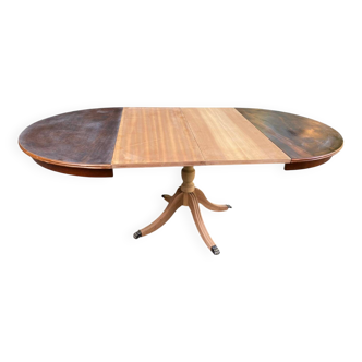 Extendable round dining table with central leg, renovated in raw wood, 20th century