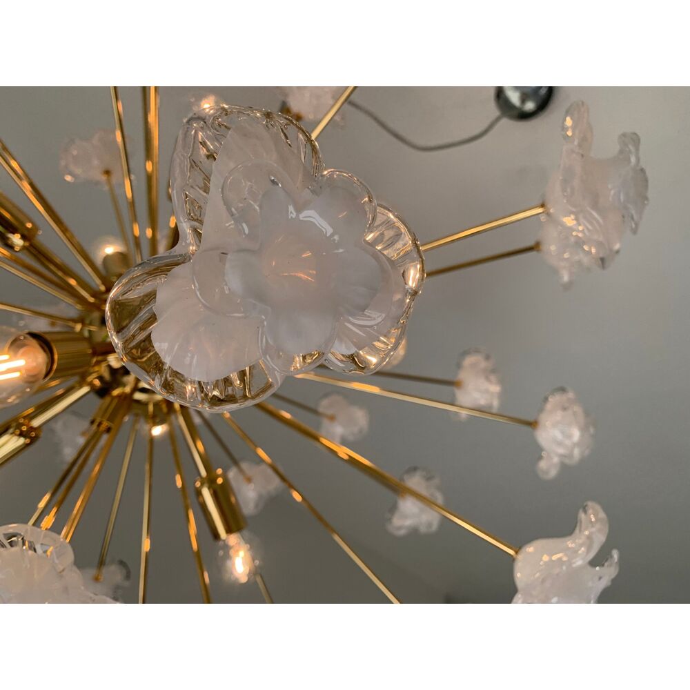 WHITE FLOWERS MURANO GLASS SPUTNIK OVAL GOLD CHANDELIER
