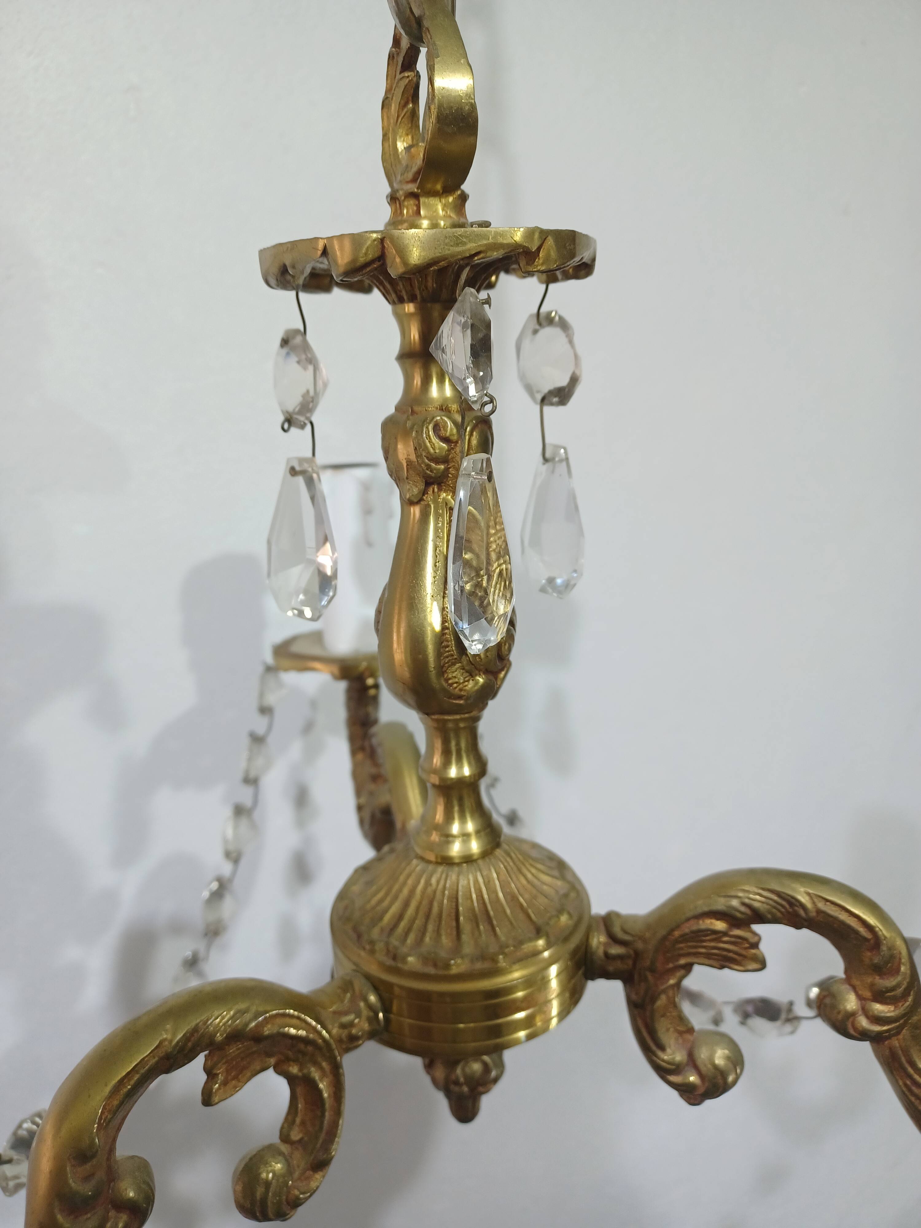 3-light bronze and crystal chandelier