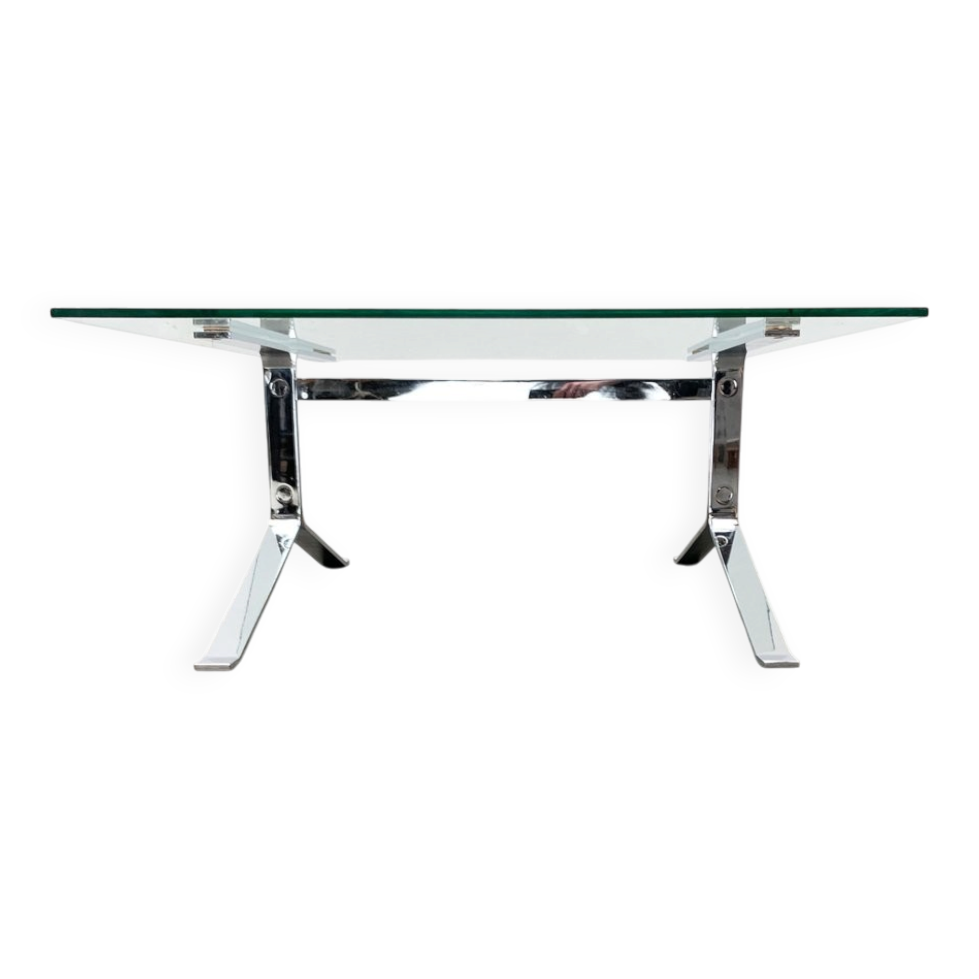 Joker coffee table in chrome and glass in mid-century Space Age style by Olivier Mourgue for Airborne, 1960s.