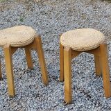 Pair of Scandinavian birch and sea rush stools from the 70s/80s