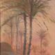 Ancient painting of an exotic landscape with pyramids and figures from the 1800s.