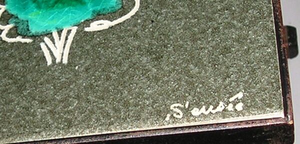 Table basse années 70 métal et céramique à décor de chasse à courre vènerie, signée