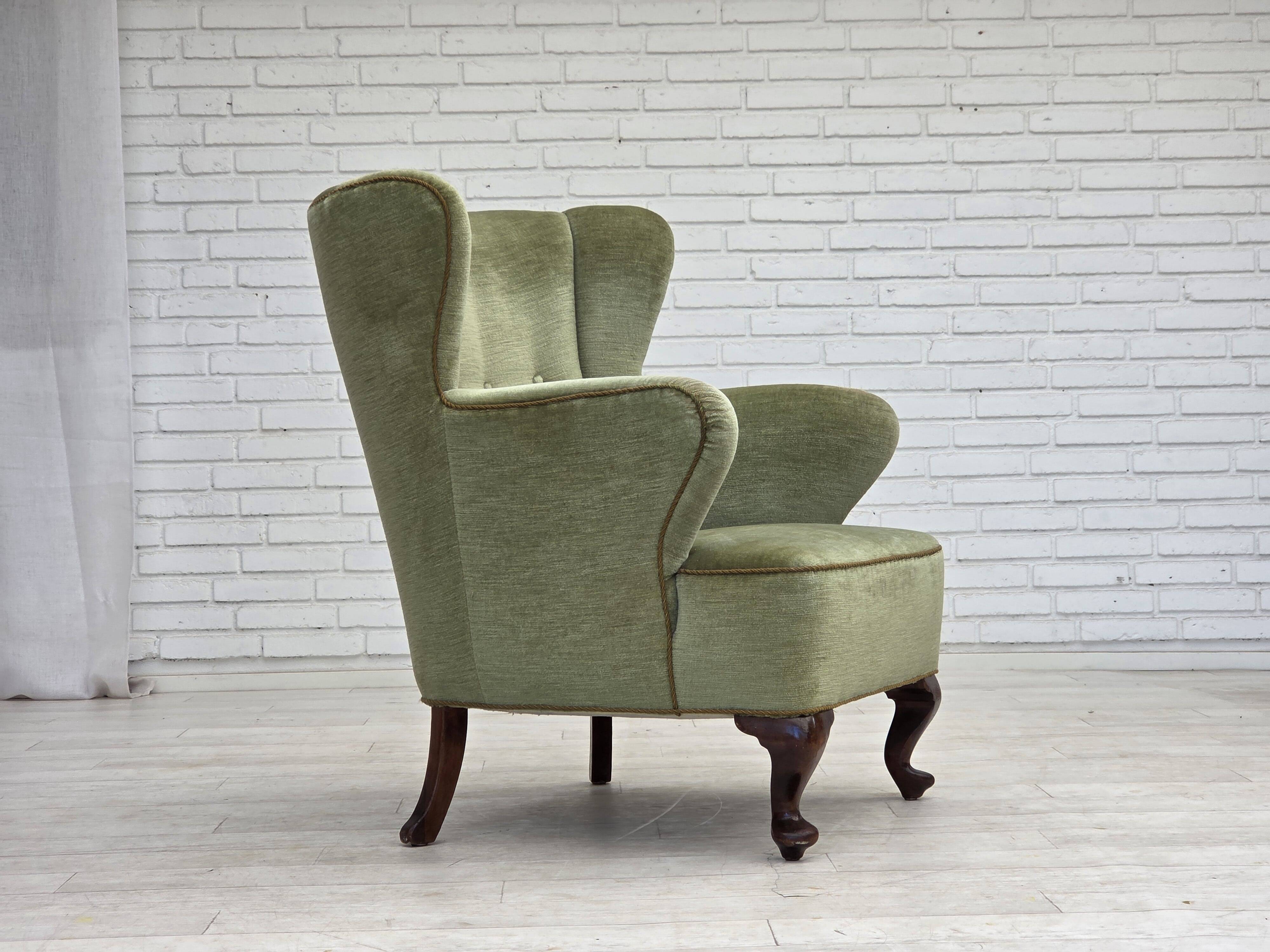 1960s, Scandinavian armchair, green furniture velour, oak wood legs.