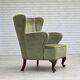 1960s, Scandinavian armchair, green furniture velour, oak wood legs.