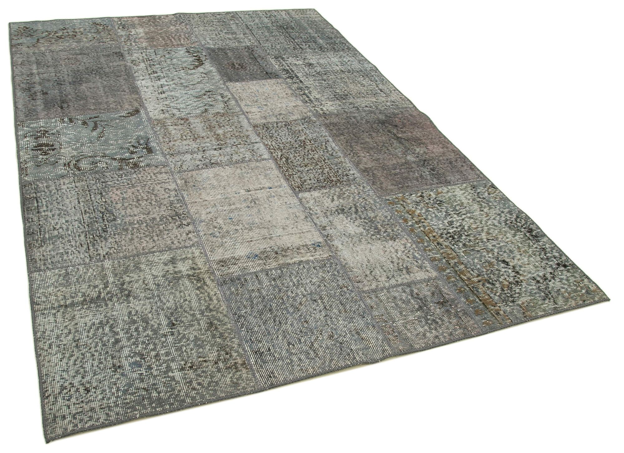 Handwoven oriental overdyed 170 cm x 247 cm grey patchwork carpet
